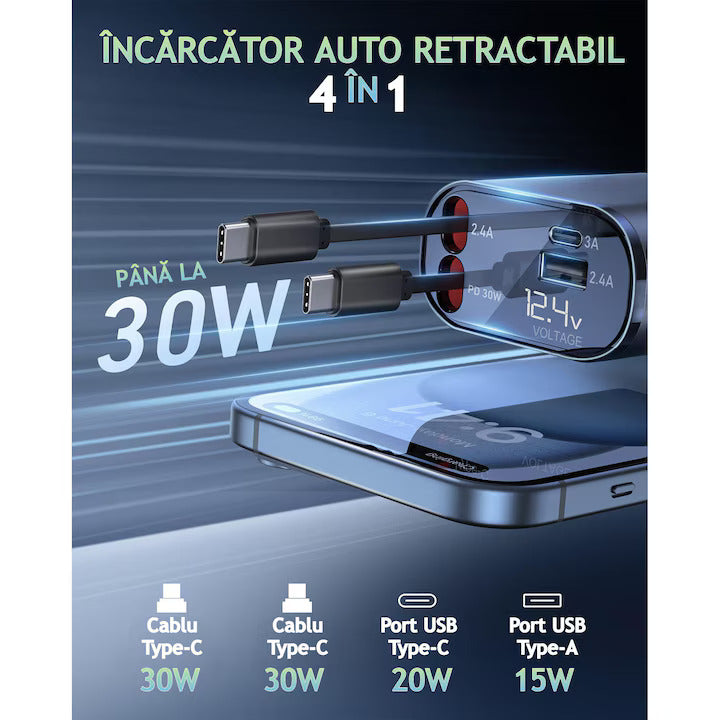 Încărcător Auto Retractabil 4 în 1